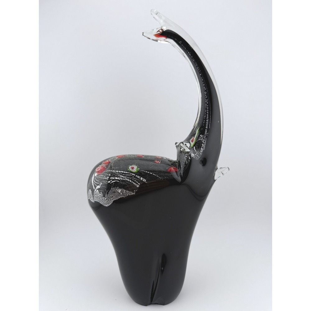 Vintage Murano Millefiori Elephant Figurine Black Silver 9" Trunk Up Art Glass